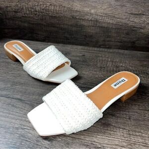 Dune London Lilley White & Tan Raffia Woven Squared Toe Mules Sandals